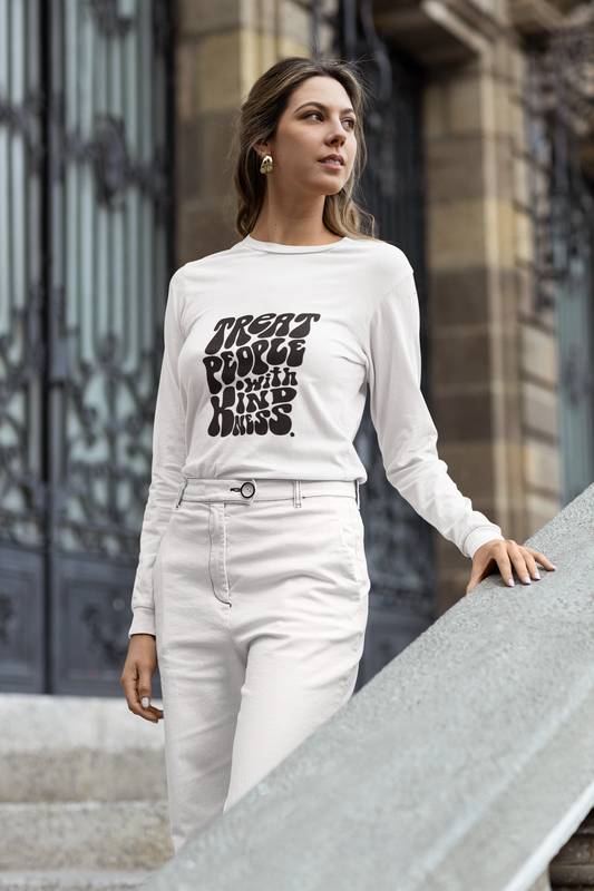 Treat People With Kindness Graphic Print Women’s White Long Sleeve T-Shirt – Inspirational Cotton Tee