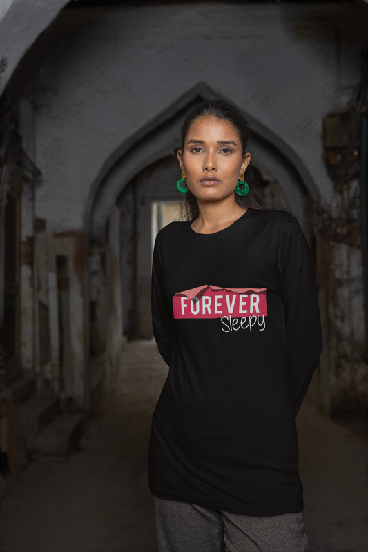 Forever Sleepy Graphic Print Women’s Black Long Sleeve T-Shirt – Cute Cotton Casual Tee
