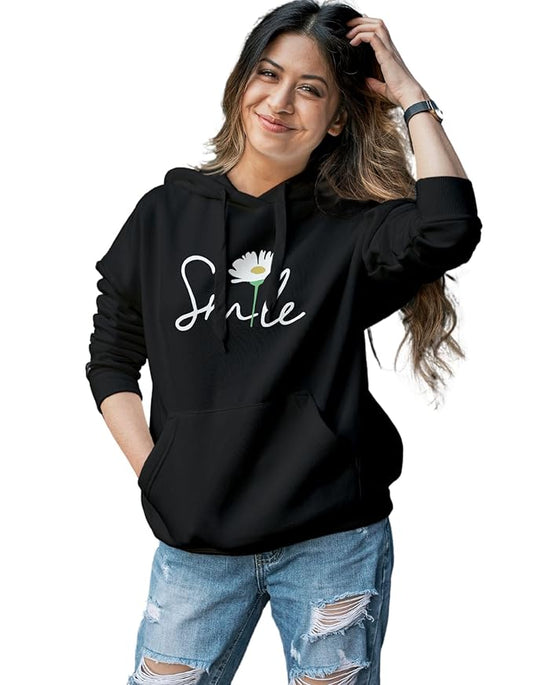 Women's Smile Print Pullover Hoodie, Black