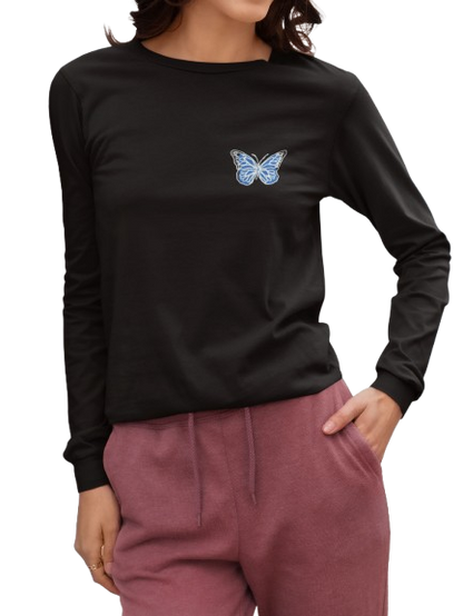 Women's Black Long Sleeve T-Shirt with Blue Butterfly Print