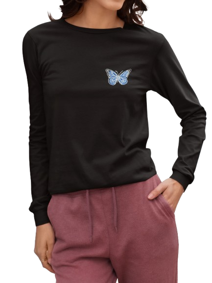 Women's Black Long Sleeve T-Shirt with Blue Butterfly Print