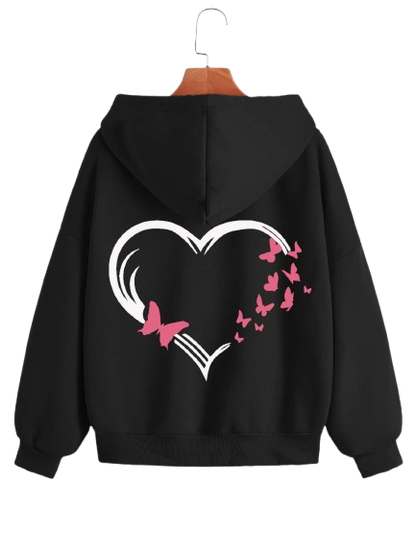 Women's Butterfly Heart Printed Hoodie, Black