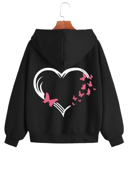 Women's Butterfly Heart Printed Hoodie, Black