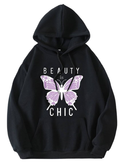 Women's Black Hoodie with Butterfly Print, Beauty is Chic