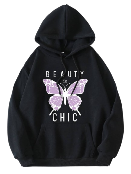 Women's Black Hoodie with Butterfly Print, Beauty is Chic