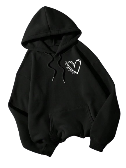 Women's Black Hooded Sweatshirt with Heart Design, Cotton