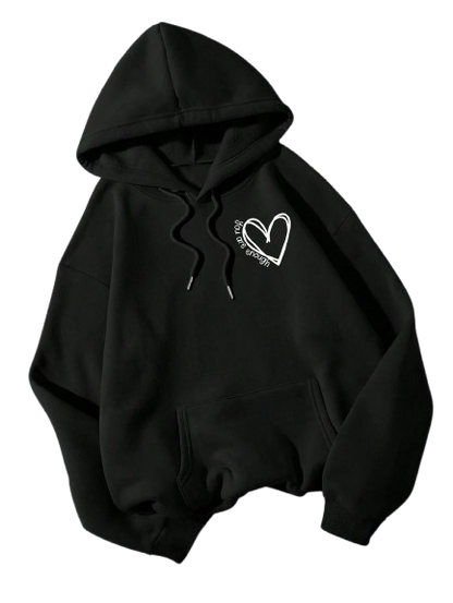 Women's Black Hooded Sweatshirt with Heart Design, Cotton