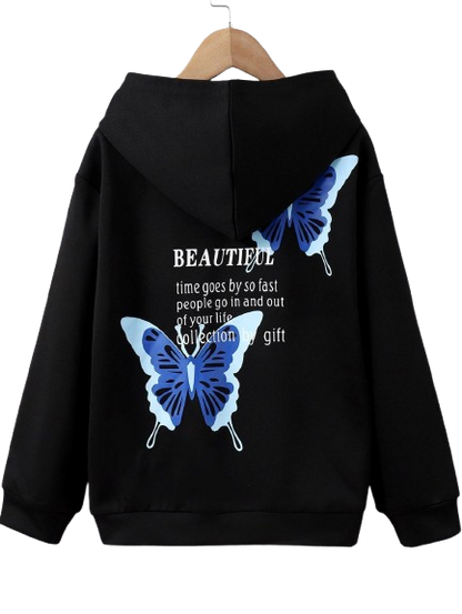 Women's Black Hoodie with Blue Butterfly Print, 'Beautiful' Text