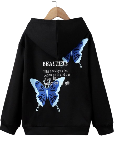 Women's Black Hoodie with Blue Butterfly Print, 'Beautiful' Text