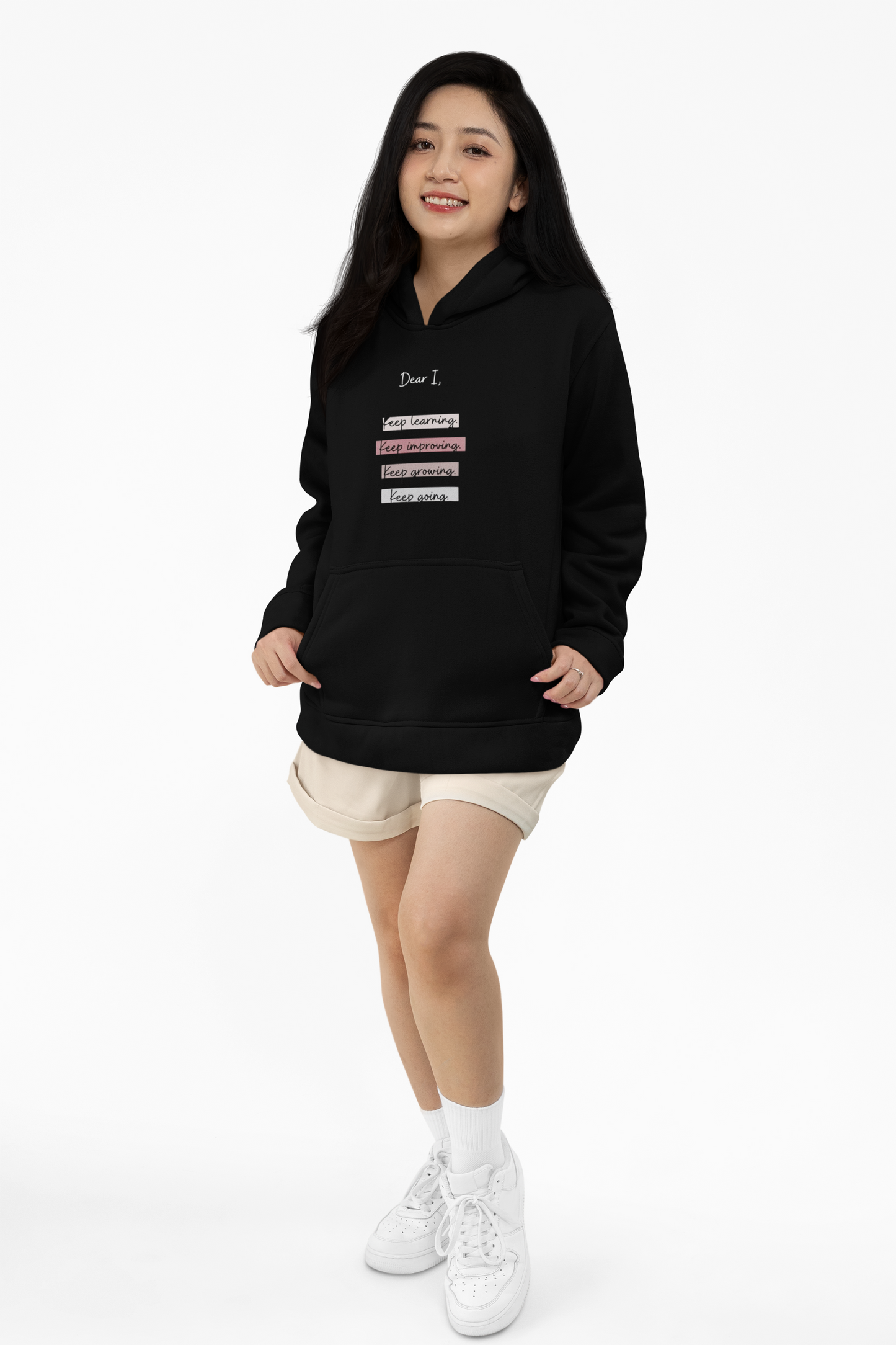 Women's Black Hoodie with Printed Text, 100% Cotton