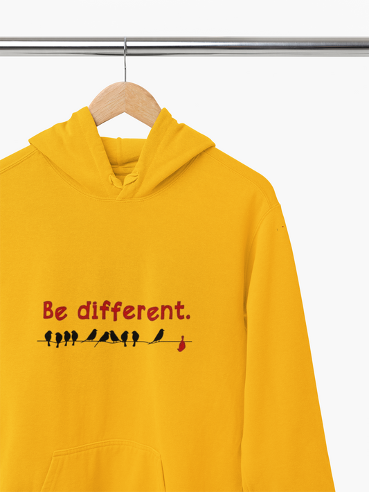 Yellow “Be Different” Graphic Hoodie – Unisex Cotton Blend Motivational Sweatshirt