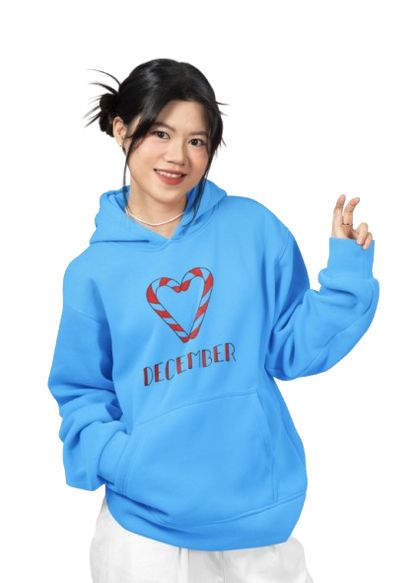 Festive December Candy Cane Heart Hoodie – Cozy Holiday Style for Women
