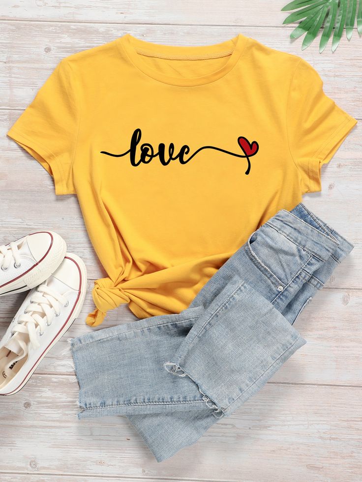 Pd Clori Love Script T-Shirt | Minimal Heart Graphic Tee | Aesthetic Yellow Cotton T-Shirt
