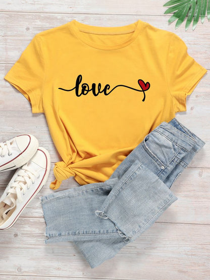 Pd Clori Love Script T-Shirt | Minimal Heart Graphic Tee | Aesthetic Yellow Cotton T-Shirt