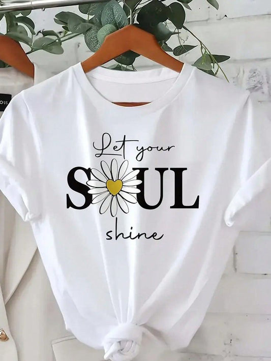 Pd Clori Let Your Soul Shine T-Shirt | Daisy Graphic Motivational Tee for Women | Minimal White Cotton