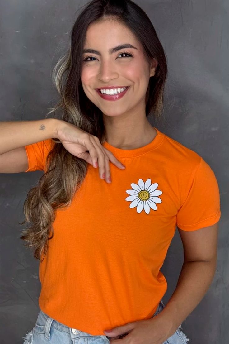 Minimal Daisy Graphic T-Shirt for Women | Cute Aesthetic Orange Cotton Tee by Pd Clori