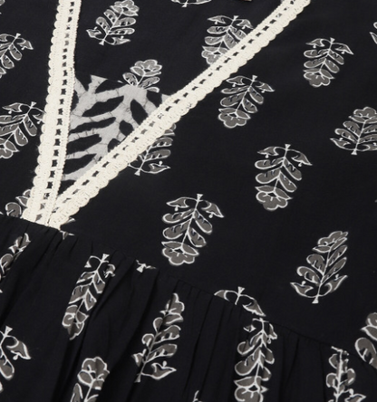 Elegant Black Printed Kurta Set with Dupatta – Timeless Ethnic Grace