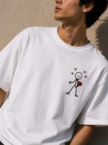 Minimalist Stick Figure Love T-Shirt for Men | Cute Heart Graphic Oversized Casual Tee