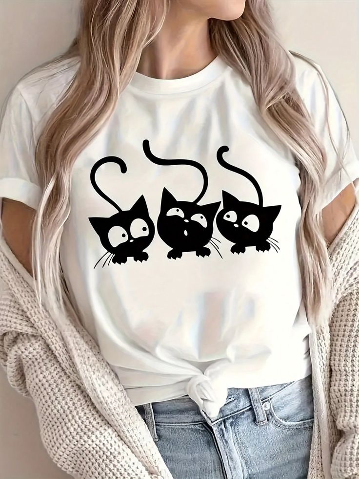 Cute Cat Graphic T-Shirt for Women | Minimal Aesthetic Cotton Tee by Pd Clori