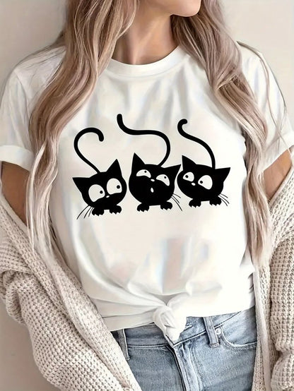 Cute Cat Graphic T-Shirt for Women | Minimal Aesthetic Cotton Tee by Pd Clori