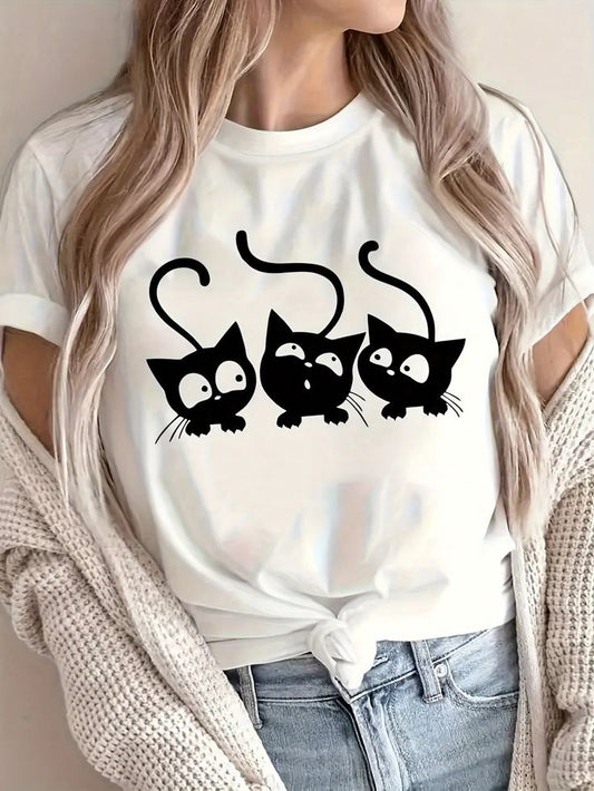Cute Cat Graphic T-Shirt for Women | Minimal Aesthetic Cotton Tee by Pd Clori