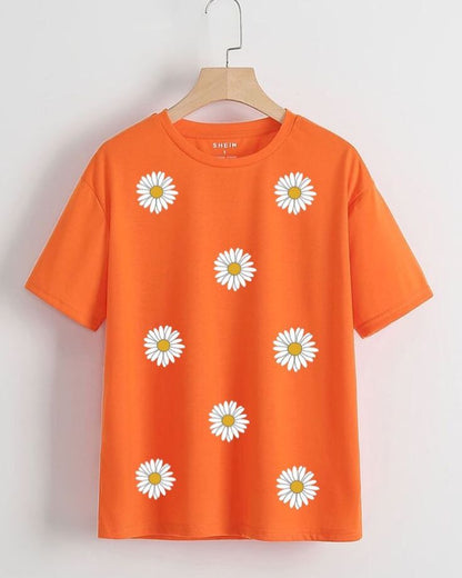 Women's Orange Daisy Flower Printed Oversized Cotton T-Shirt | Casual Graphic Tee