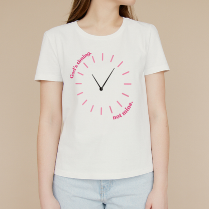 Pink Clock Graphic White T-Shirt for Women | Cute “Good Things Take Time” Aesthetic Tee by Pd Clori