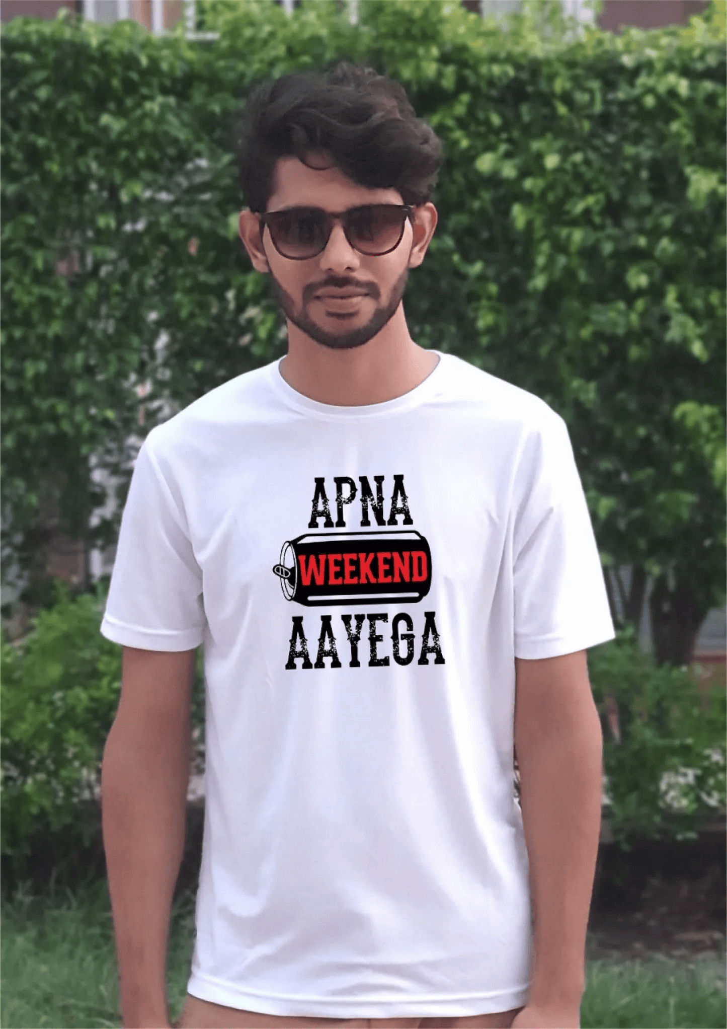 PD CLORI Men's Casual White T-Shirt with 'Apna Weekend Aayega' Print, Cotton