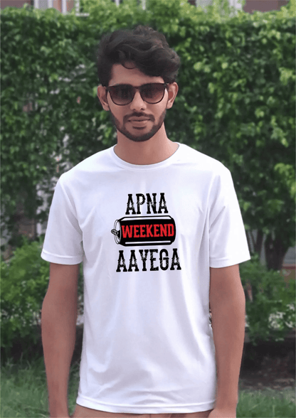 PD CLORI Men's Casual White T-Shirt with 'Apna Weekend Aayega' Print, Cotton
