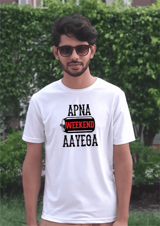 PD CLORI Men's Casual White T-Shirt with 'Apna Weekend Aayega' Print, Cotton