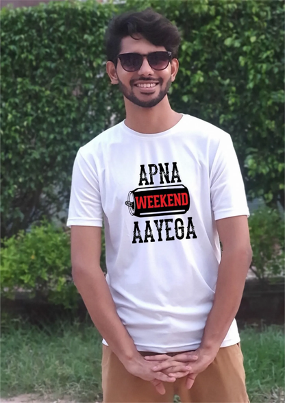 PD CLORI Men's Casual White T-Shirt with 'Apna Weekend Aayega' Print, Cotton