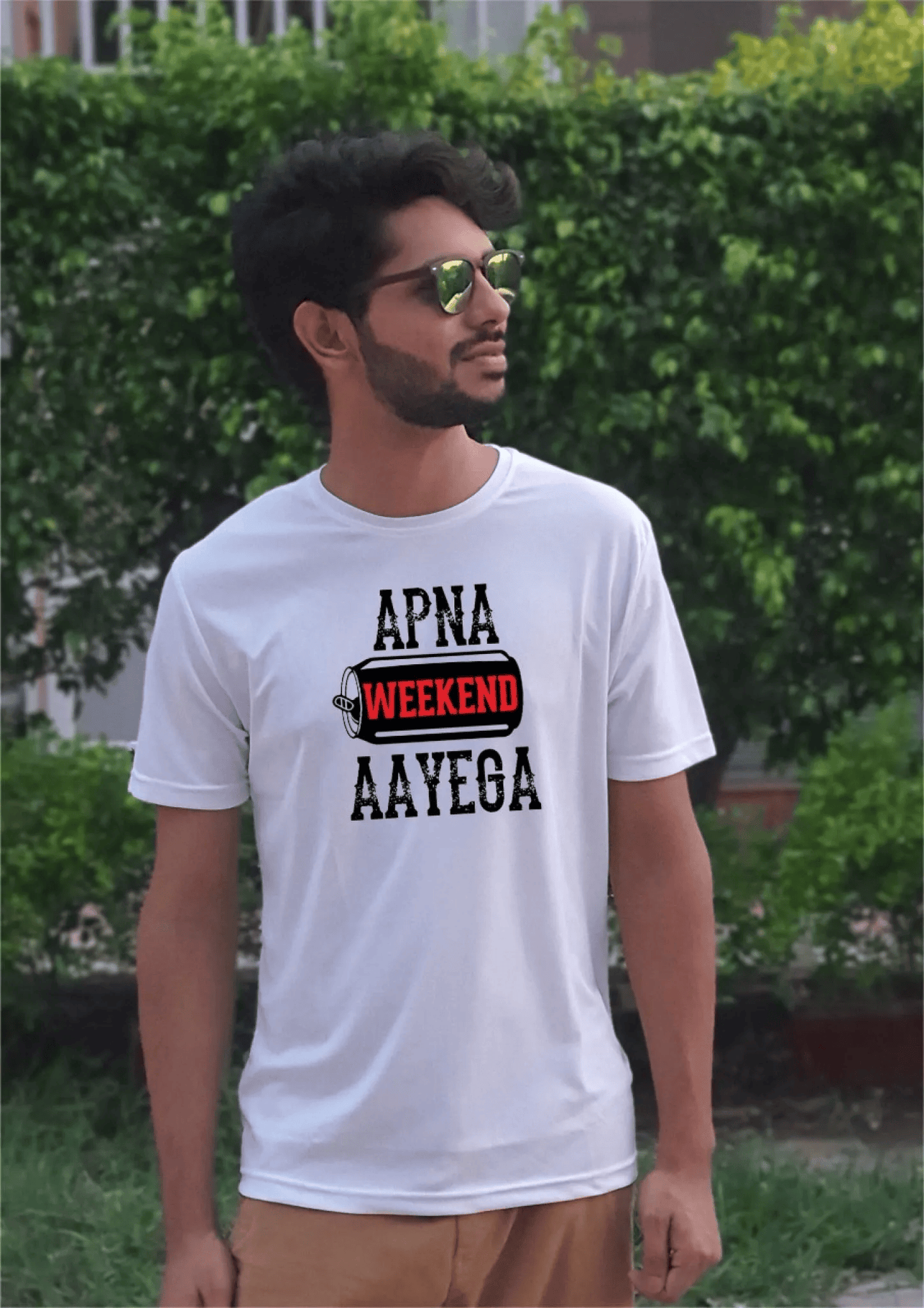 PD CLORI Men's Casual White T-Shirt with 'Apna Weekend Aayega' Print, Cotton