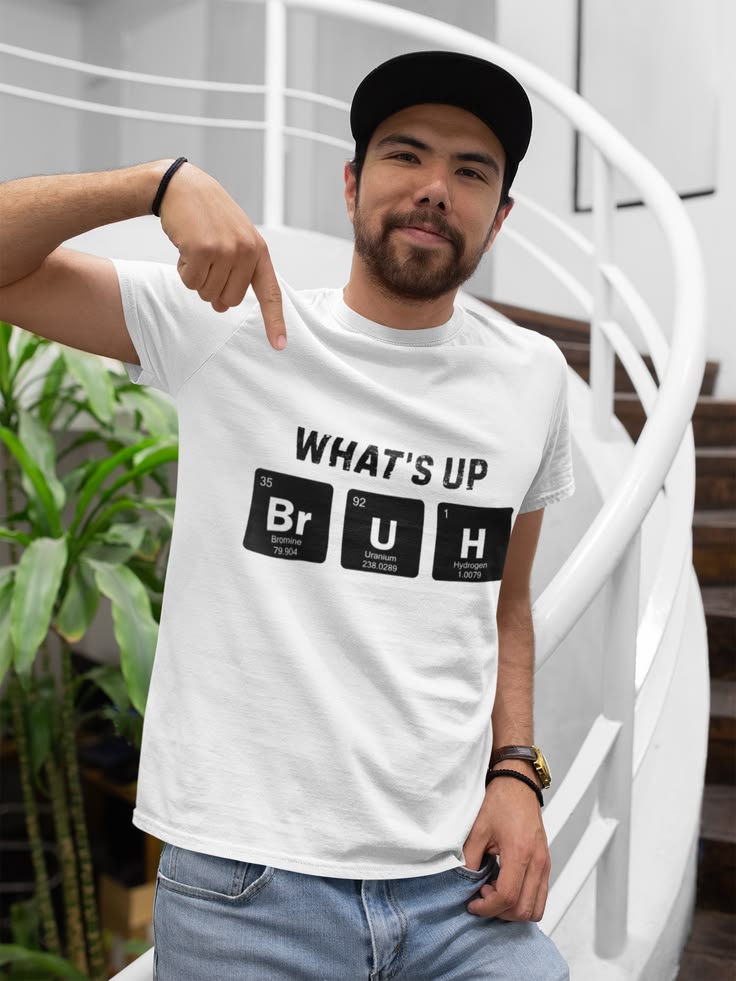 “What’s Up Bruh” Periodic Table Graphic T-Shirt – Funny Minimal Casual Tee for Men