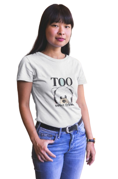 Pd Clori Too Sweet Teddy T-Shirt | Minimal Cute Bear Graphic Tee | Premium White Cotton T-Shirt for Women
