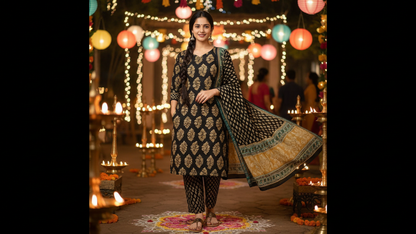 Women’s Brown & Gold Printed Kurta Pant Set with Dupatta – Elegant Ethnic Wear