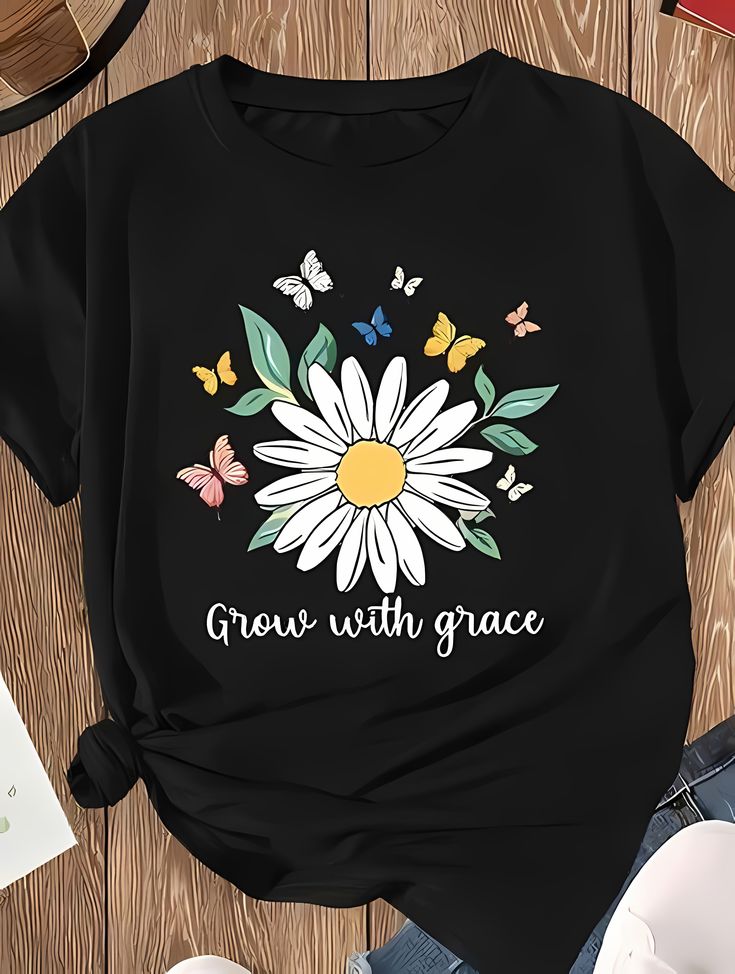 Pd Clori Grow with Grace T-Shirt | Daisy Floral Graphic Tee | Aesthetic Black Cotton T-Shirt