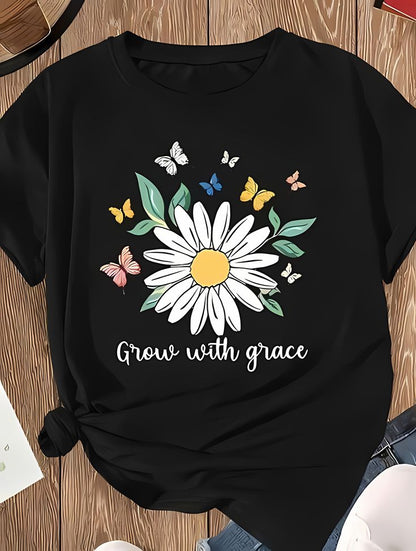 Pd Clori Grow with Grace T-Shirt | Daisy Floral Graphic Tee | Aesthetic Black Cotton T-Shirt