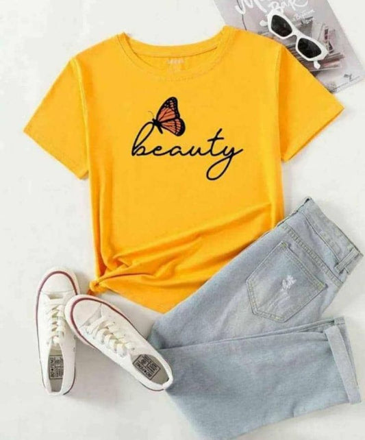 Pd Clori Beauty Butterfly T-Shirt | Minimal Script Graphic Tee | Aesthetic Yellow Cotton T-Shirt