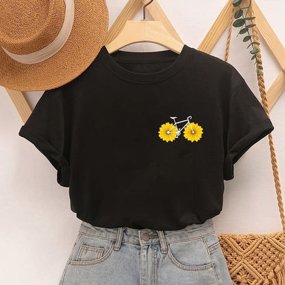 Pd Clori Floral Bicycle T-Shirt | Minimal Cute Chest Print Tee | Aesthetic Black Cotton T-Shirt