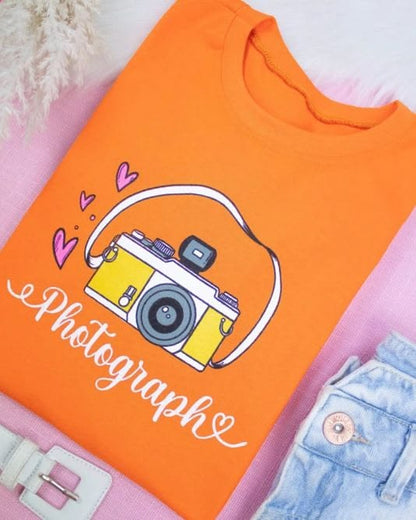 Pd Clori Photographer Graphic T-Shirt | Creative Camera Print Orange Tee for Women