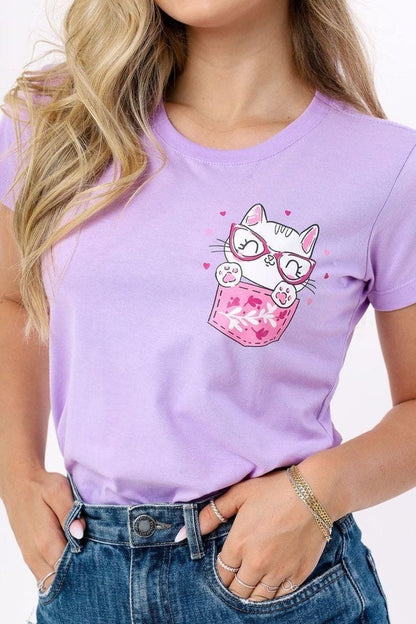 Cute Cat Pocket Graphic Lavender T-Shirt for Women | Kawaii Aesthetic Tee by Pd Clori