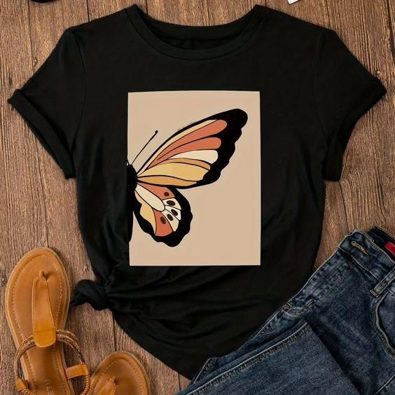 Butterfly Graphic T-Shirt for Women | Minimal Aesthetic Black Cotton Tee by Pd Clori