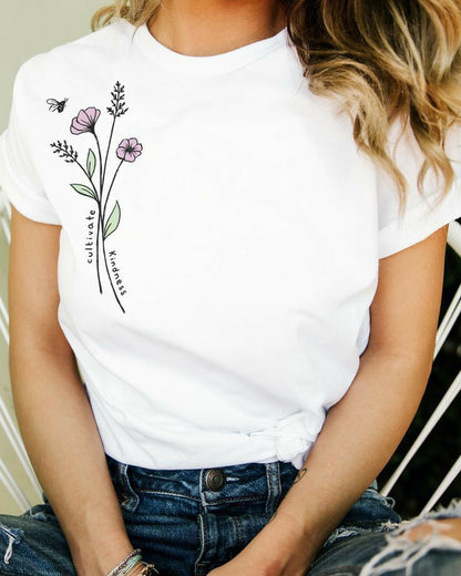 Minimal Floral Line Art Black T-Shirt for Women | Elegant Everyday Style by Pd Clori