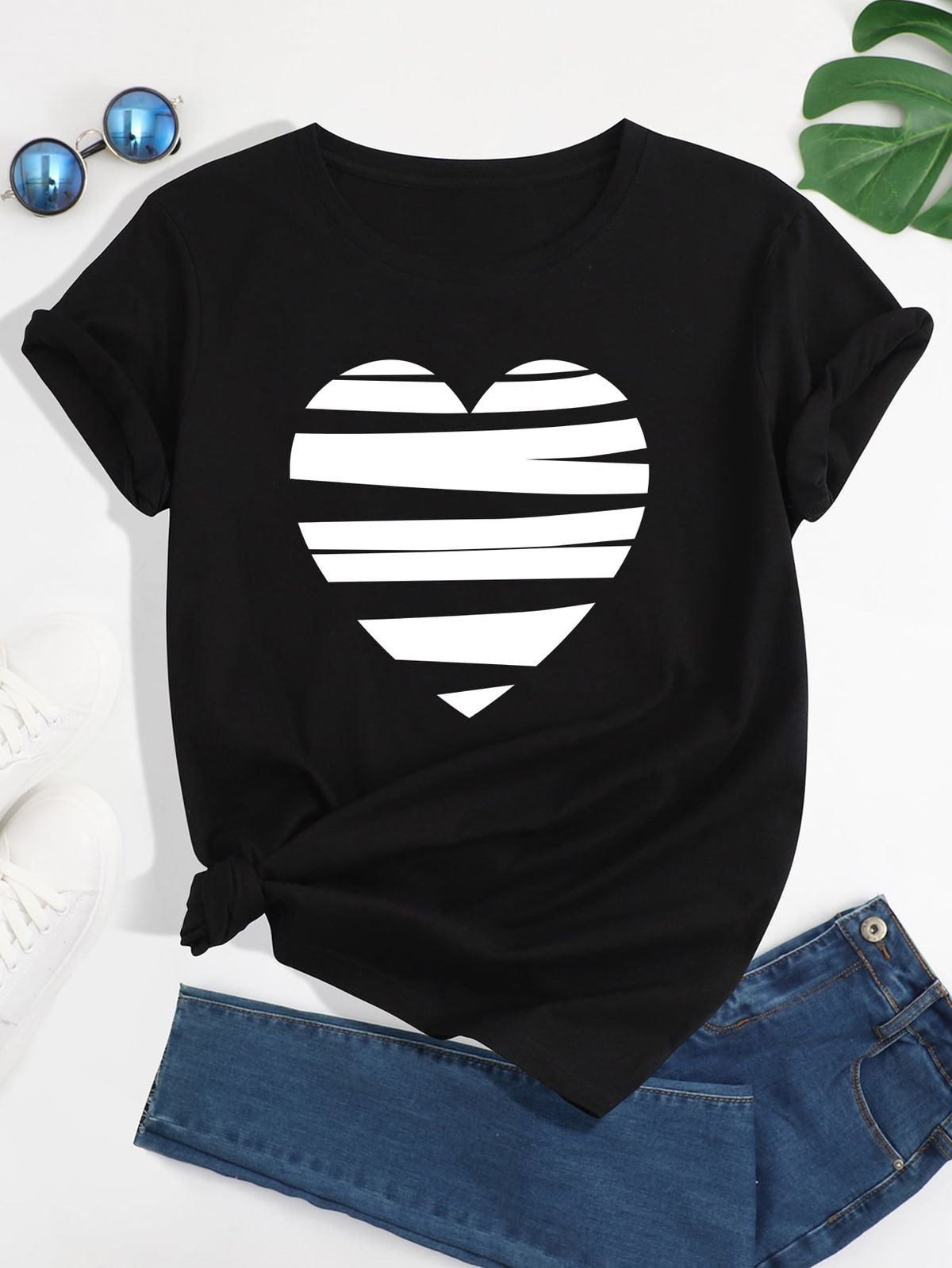 Black Heart Graphic T-Shirt for Women | Minimal Striped Heart Casual Tee by Pd Clori