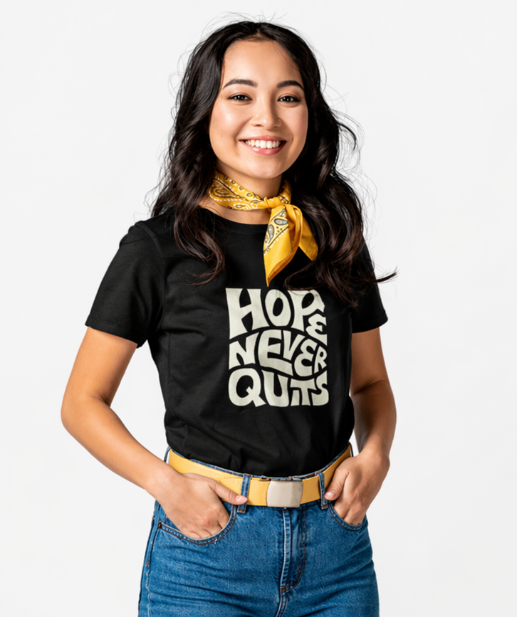Hope Never Quits Graphic T-Shirt for Women | Bold Minimal Black Tee by Pd Clori