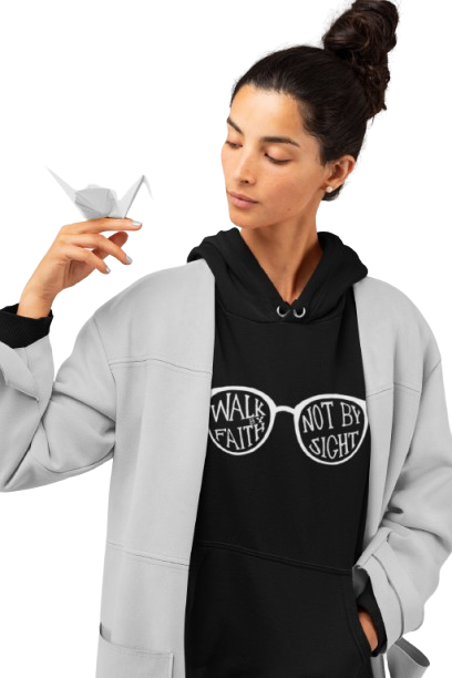 women' s hoodie with 'walk by faith , not  by sight' graphic, and grey