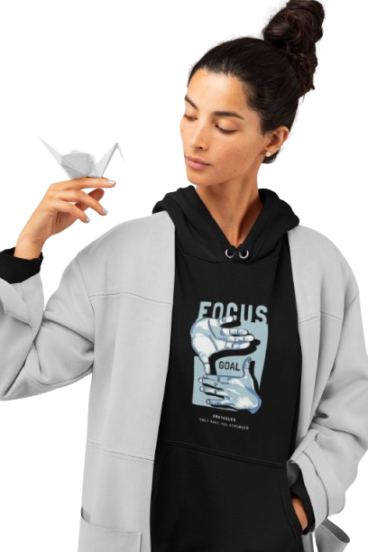 women' s focus graphic hoodie with long sleeves, black and grey