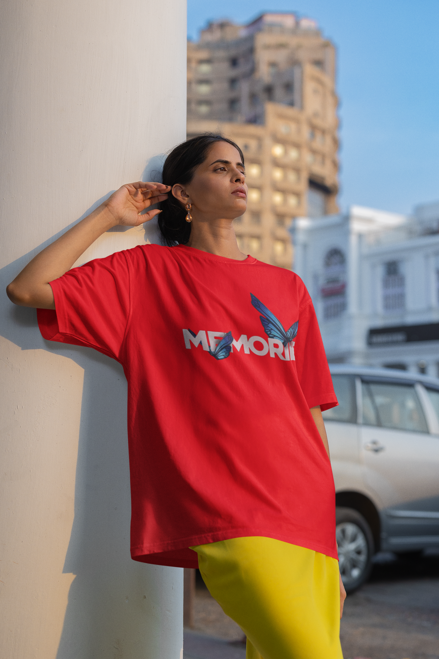 MEMORIES Butterfly Oversized Red Graphic T-Shirt