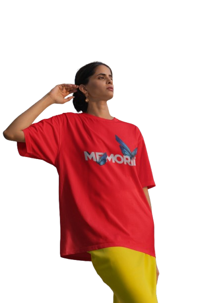 MEMORIES Butterfly Oversized Red Graphic T-Shirt