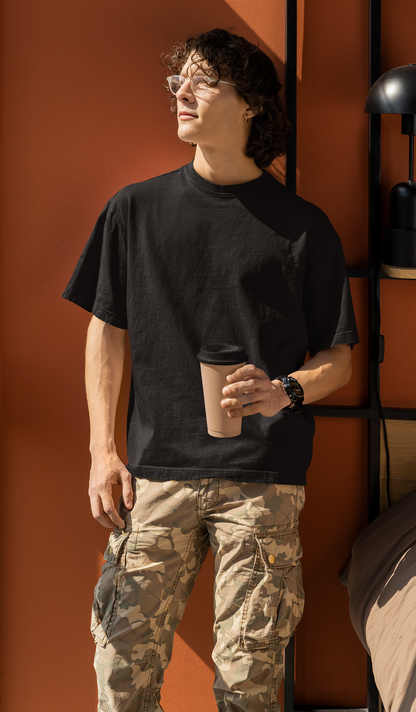 Basic Solid Oversized Men's Black Cotton T-shirt